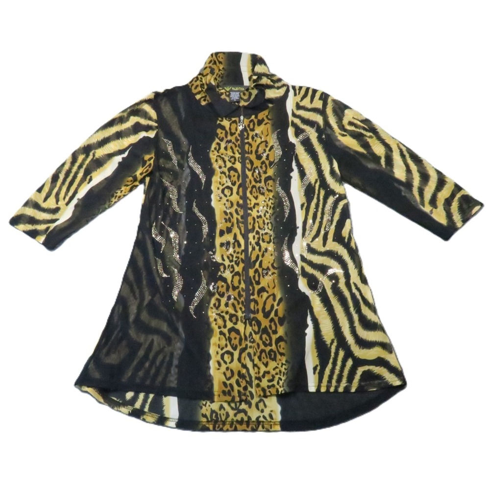 Valentina Animal Print Mesh Zip Up Top S Sheer Rhinestone Tunic Y2k Glam Tiger
